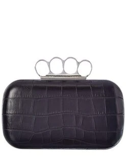 Alexander McQueen Skull Four-Ring Croc Embossed Leather Clutch Women