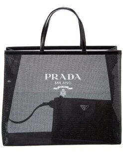 Prada Logo Sequined Mesh & Leather Tote Women